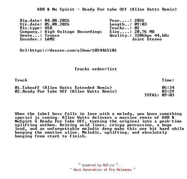 NFO for the release ADR_And_Nu_Spirit_-_Ready_For_Take_Off_(Allen_Watts_Remix)-(HVR244)-WEB-2026-FMC by FMC