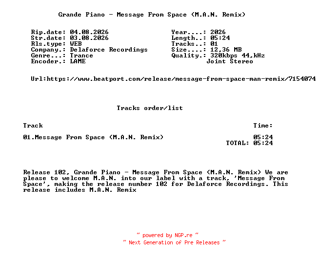 NFO for the release Grande_Piano_-_Message_From_Space_(M.A.N._Remix)-(DFR102)-SINGLE-WEB-2026-FMC by FMC