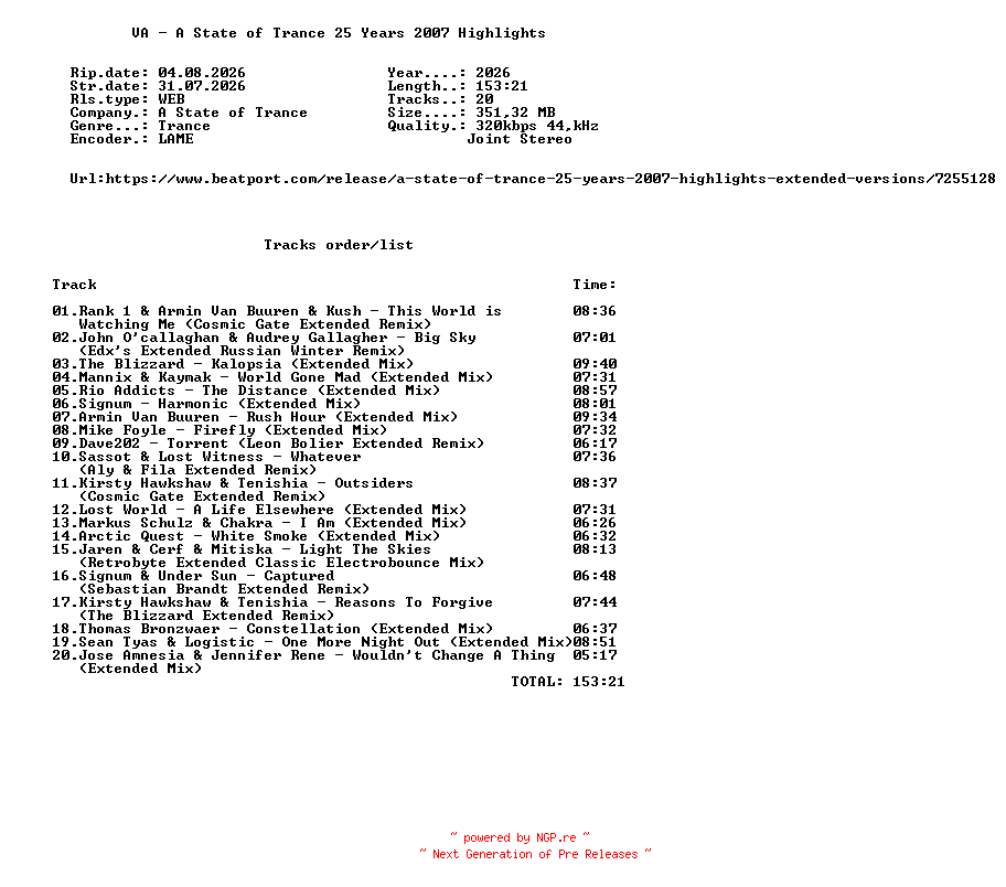 NFO for the release VA_-_A_State_Of_Trance_25_Years_2007_Highlights-(ARDI4698)-WEB-2026-FMC by FMC
