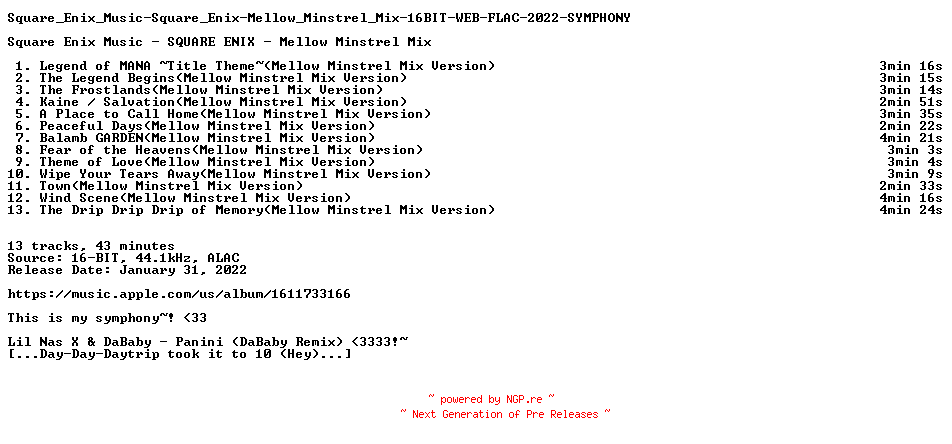 NFO for the release Square_Enix_Music-Square_Enix-Mellow_Minstrel_Mix-16BIT-WEB-FLAC-2022-SYMPHONY by SYMPHONY