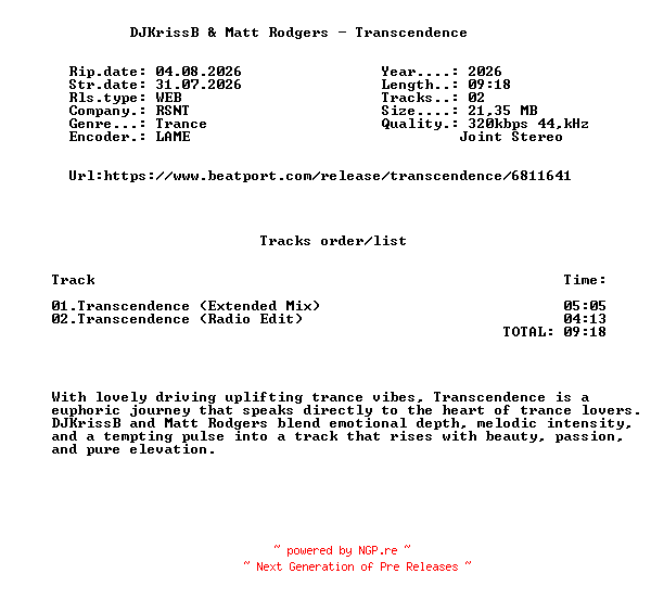 NFO for the release DJKrissB_And_Matt_Rodgers_-_Transcendence-(RSNTV024)-WEB-2026-FMC by FMC