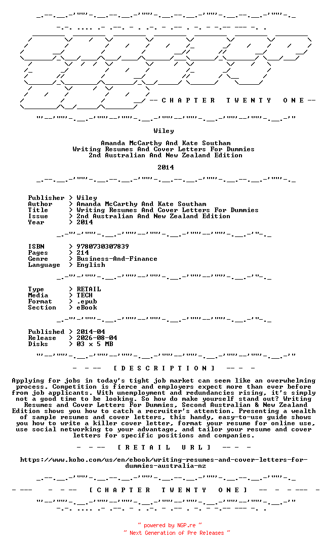 NFO for the release Wiley.-.Writing.Resumes.And.Cover.Letters.For.Dummies.2nd.Australian.And.New.Zealand.Edition.2014.RETAIL.EPUB.eBook-CTO by CTO