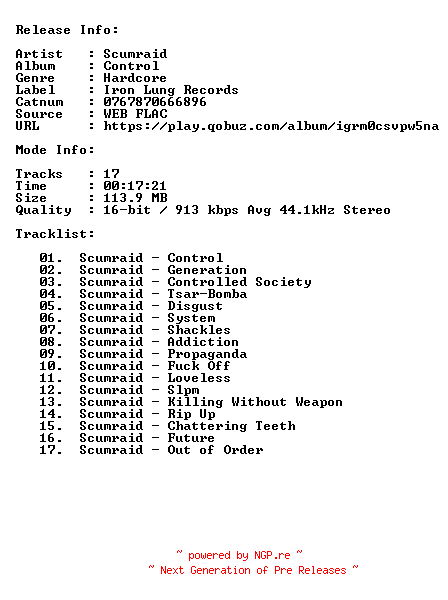 NFO for the release Scumraid-Control-KR-16BIT-44KHZ-WEB-FLAC-2018-CBR by CBR