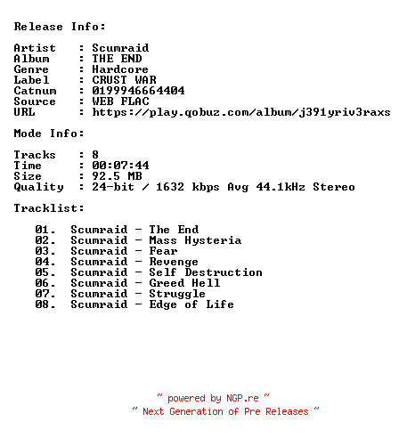 NFO for the release Scumraid-The_End-KR-24BIT-44KHZ-WEB-FLAC-2024-CBR by CBR