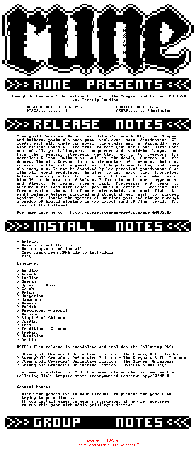 NFO for the release Stronghold.Crusader.Definitive.Edition.The.Surgeon.and.Baibars.MULTi20-RUNE by RUNE