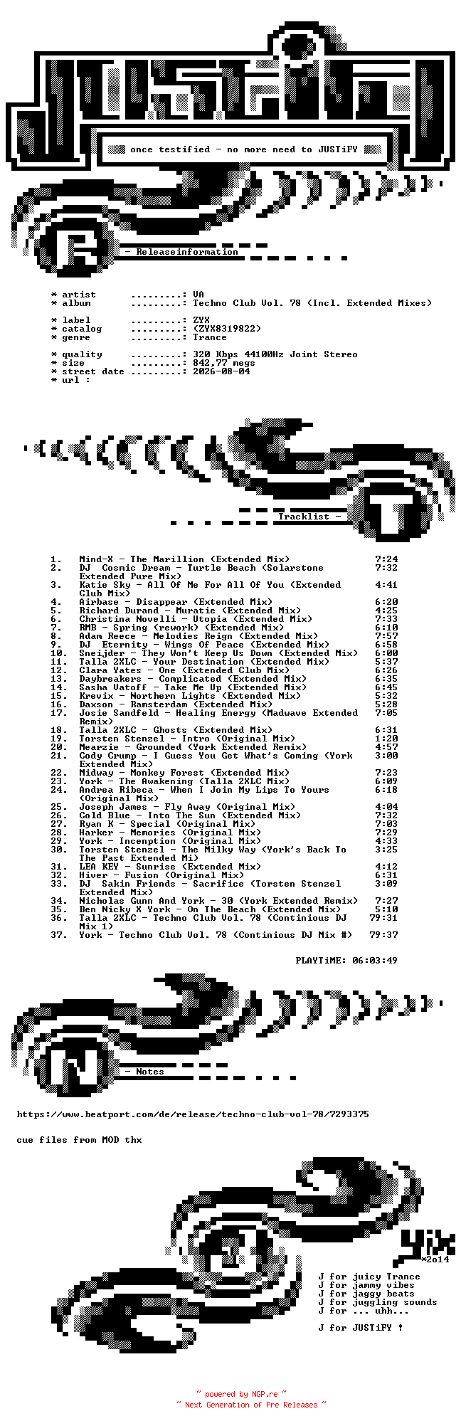 NFO for the release VA-Techno_Club_Vol._78_(Incl._Extended_Mixes)-(ZYX8319822)-WEB-2026-JUSTiFY by JUSTiFY