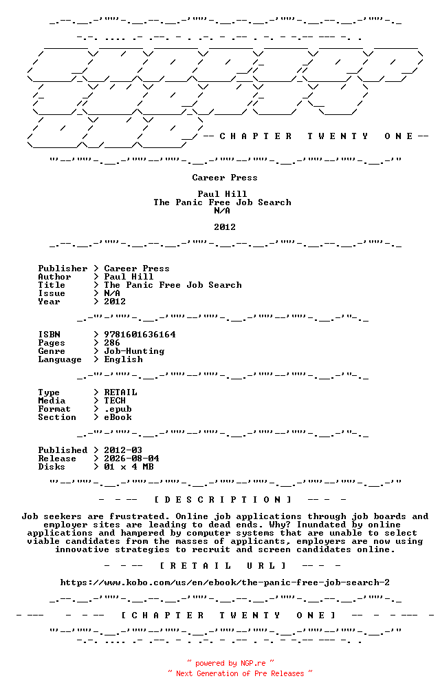 NFO for the release Career.Press.-.The.Panic.Free.Job.Search.2012.RETAIL.EPUB.eBook-CTO by CTO