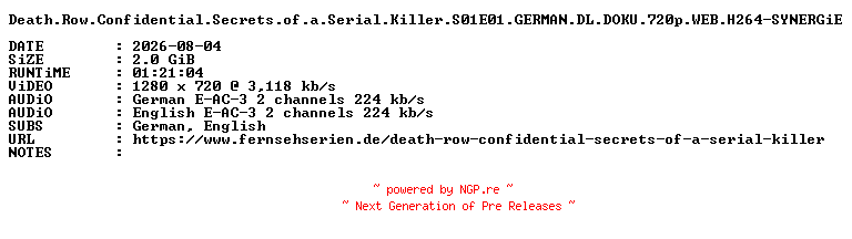 NFO for the release Death.Row.Confidential.Secrets.of.a.Serial.Killer.S01E01.GERMAN.DL.DOKU.720p.WEB.H264-SYNERGiE by SYNERGiE