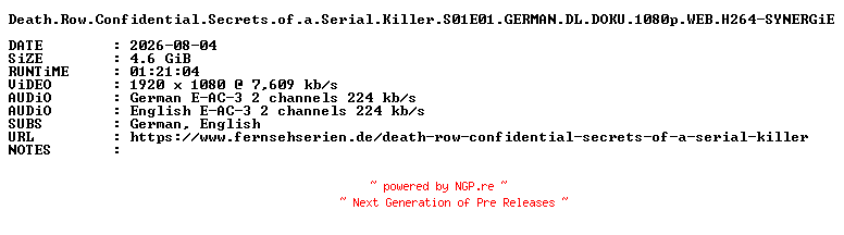 NFO for the release Death.Row.Confidential.Secrets.of.a.Serial.Killer.S01E01.GERMAN.DL.DOKU.1080p.WEB.H264-SYNERGiE by SYNERGiE