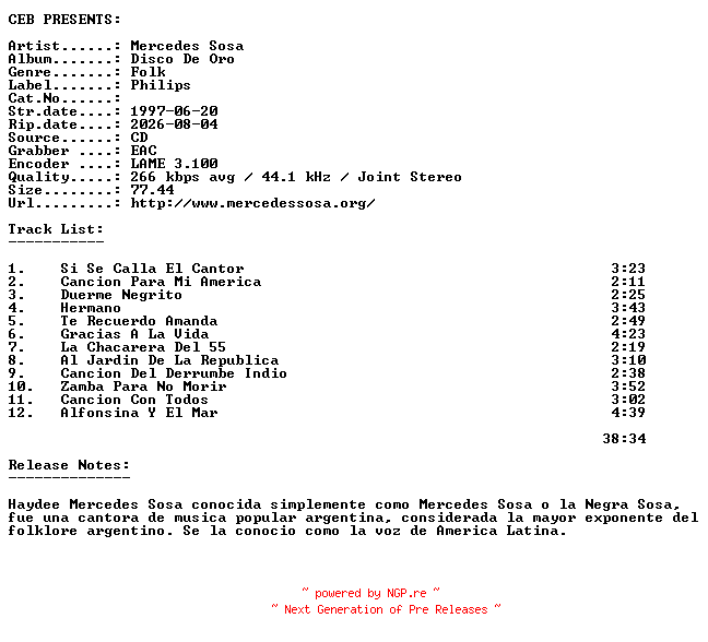 NFO for the release Mercedes_Sosa-Disco_De_Oro-ES-REISSUE-CD-1997-CEB by CEB