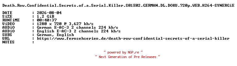 NFO for the release Death.Row.Confidential.Secrets.of.a.Serial.Killer.S01E02.GERMAN.DL.DOKU.720p.WEB.H264-SYNERGiE by SYNERGiE