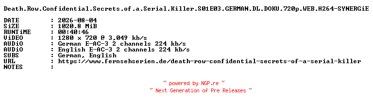 NFO for the release Death.Row.Confidential.Secrets.of.a.Serial.Killer.S01E03.GERMAN.DL.DOKU.720p.WEB.H264-SYNERGiE by SYNERGiE