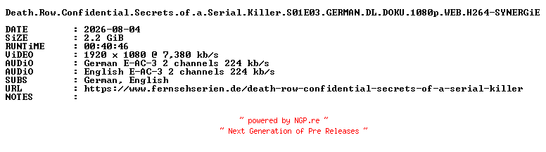 NFO for the release Death.Row.Confidential.Secrets.of.a.Serial.Killer.S01E03.GERMAN.DL.DOKU.1080p.WEB.H264-SYNERGiE by SYNERGiE