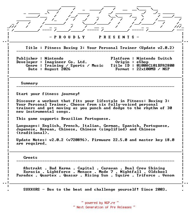 NFO for the release Fit_Boxing_3_Your_Personal_Trainer_Update_v2.0.2_NSW-SUXXORS by SUXXORS