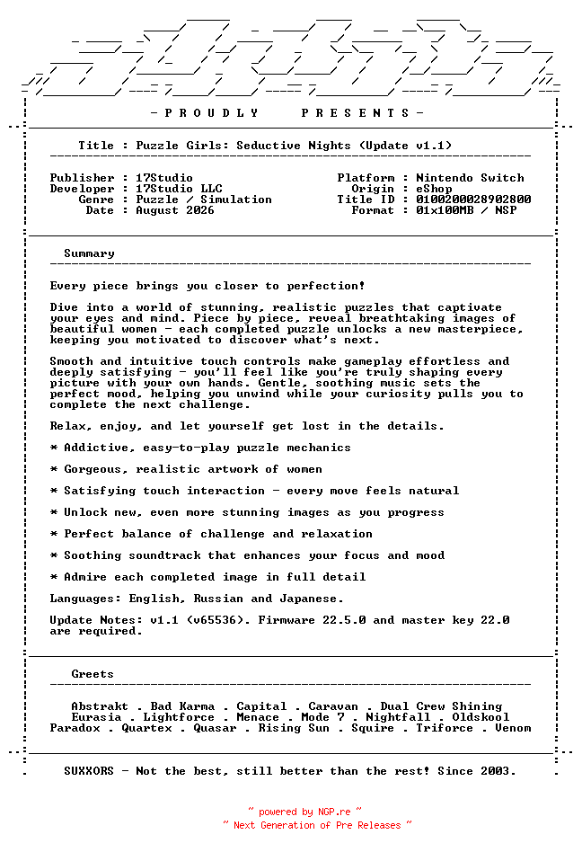 NFO for the release Puzzle_Girls_Seductive_Nights_Update_v1.1_NSW-SUXXORS by SUXXORS