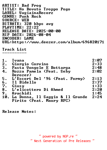 NFO for the release Bad_Frog-Ho_Bevuto_Troppo_Pogo-WEB-IT-2025-SDR by SDR