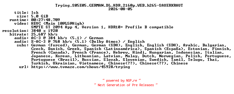 NFO for the release Trying.S05E05.GERMAN.DL.HDR.2160p.WEB.h265-SAUERKRAUT by SAUERKRAUT