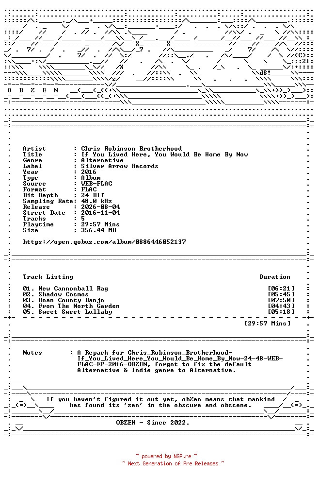 NFO for the release Chris_Robinson_Brotherhood-If_You_Lived_Here_You_Would_Be_Home_By_Now-REPACK-REMASTERED-EP-24BIT-48KHZ-WEB-FLAC-2016-OBZEN by OBZEN