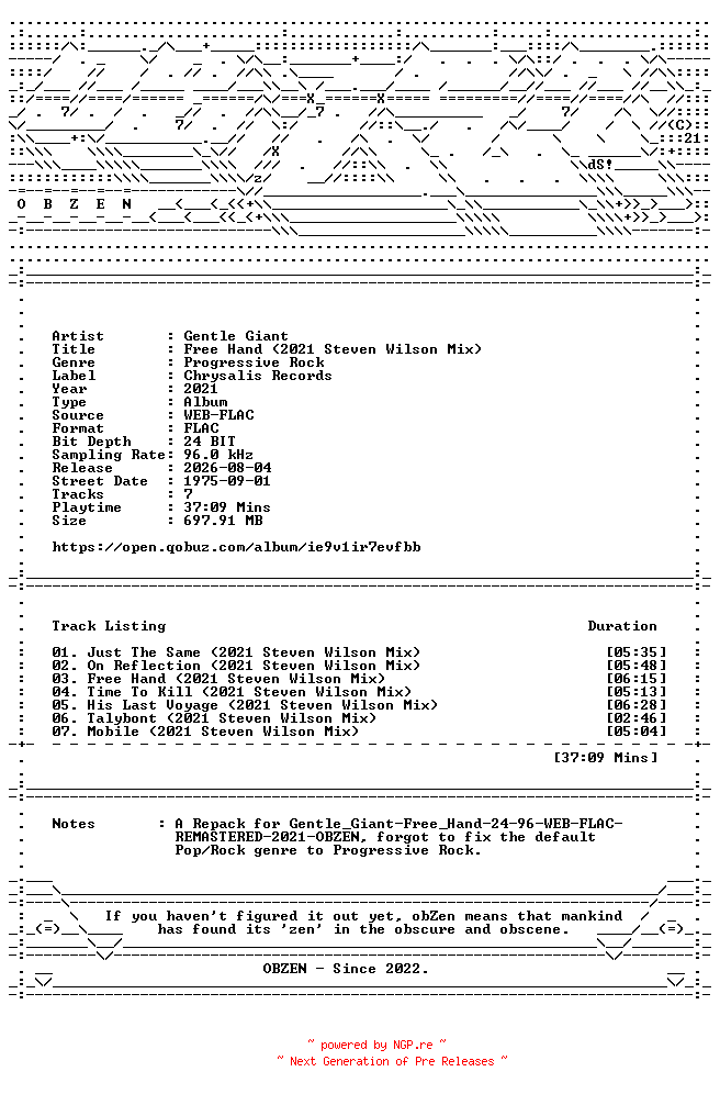 NFO for the release Gentle_Giant-Free_Hand_(2021_Steven_Wilson_Mix)-REPACK-REMASTERED-24BIT-96KHZ-WEB-FLAC-2021-OBZEN by OBZEN