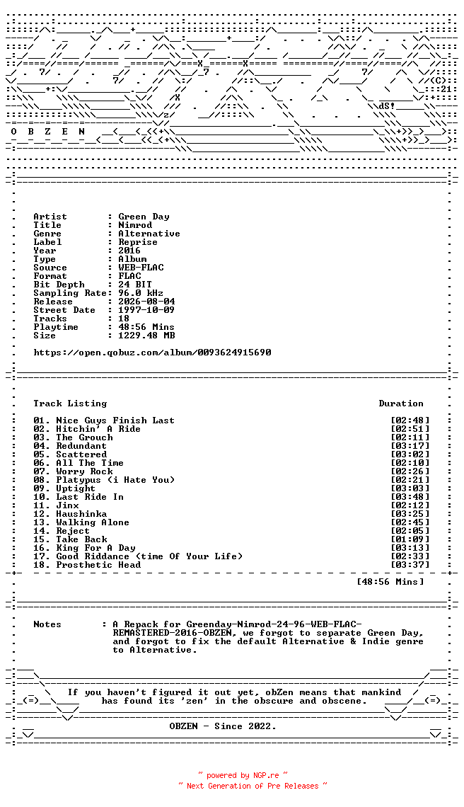 NFO for the release Green_Day-Nimrod-REPACK-REMASTERED-24BIT-96KHZ-WEB-FLAC-2016-OBZEN by OBZEN