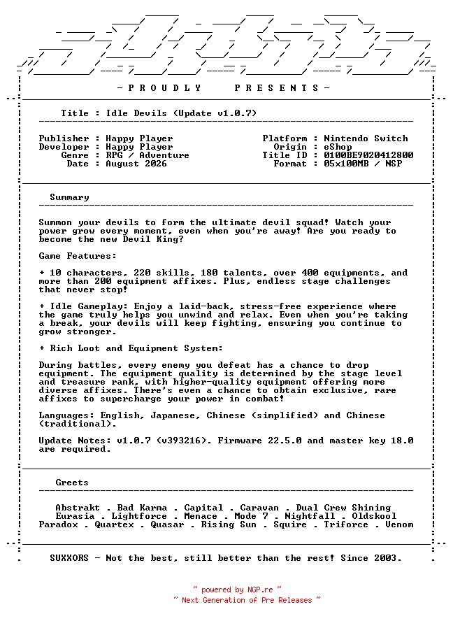 NFO for the release Idle_Devils_Update_v1.0.7_NSW-SUXXORS by SUXXORS