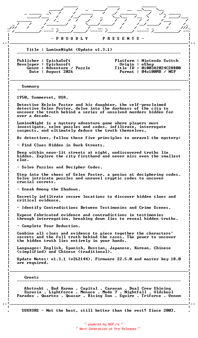 NFO for the release LumineNight_Update_v1.3.1_NSW-SUXXORS by SUXXORS