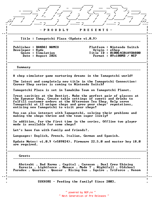 NFO for the release Tamagotchi_Plaza_Update_v1.0.9_MULTI5_NSW-SUXXORS by SUXXORS
