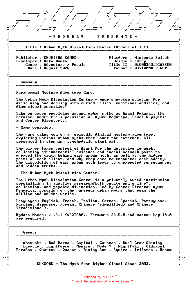 NFO for the release Urban_Myth_Dissolution_Center_Update_v1.3.1_NSW-SUXXORS by SUXXORS