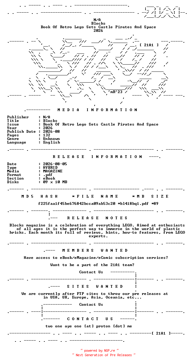 NFO for the release Blocks.Book.Of.Retro.Lego.Sets.Castle.Pirates.And.Space.2026.HYBRID.MAGAZINE.eBook-21A1 by 21A1