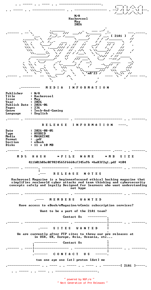 NFO for the release Hackercool.May.2026.HYBRID.MAGAZINE.eBook-21A1 by 21A1