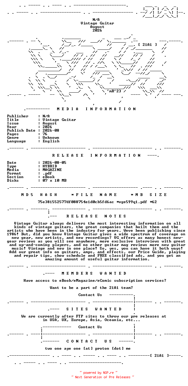 NFO for the release Vintage.Guitar.August.2026.HYBRID.MAGAZINE.eBook-21A1 by 21A1