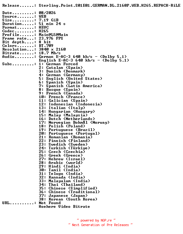 NFO for the release Sterling.Point.S01E01.GERMAN.DL.2160P.WEB.H265.REPACK-RiLE by RiLE