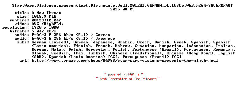 NFO for the release Star.Wars.Visionen.praesentiert.Die.neunte.Jedi.S01E01.GERMAN.DL.1080p.WEB.h264-SAUERKRAUT by SAUERKRAUT