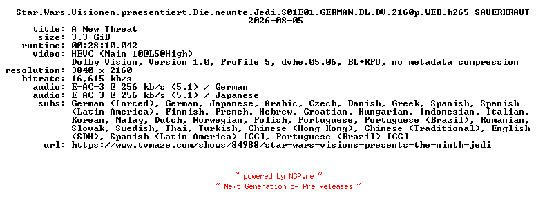 NFO for the release Star.Wars.Visionen.praesentiert.Die.neunte.Jedi.S01E01.GERMAN.DL.DV.2160p.WEB.h265-SAUERKRAUT by SAUERKRAUT
