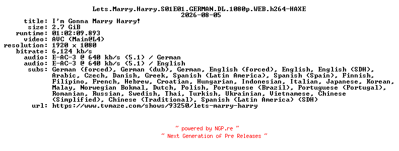 NFO for the release Lets.Marry.Harry.S01E01.GERMAN.DL.1080p.WEB.h264-HAXE by HAXE