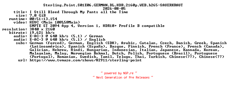 NFO for the release Sterling.Point.S01E06.GERMAN.DL.HDR.2160p.WEB.h265-SAUERKRAUT by SAUERKRAUT