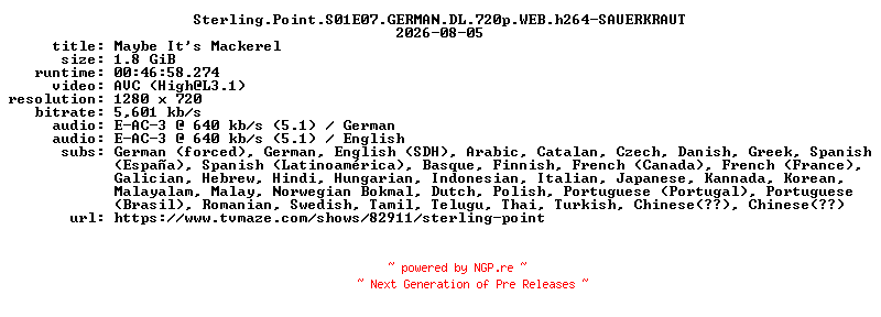 NFO for the release Sterling.Point.S01E07.GERMAN.DL.720p.WEB.h264-SAUERKRAUT by SAUERKRAUT