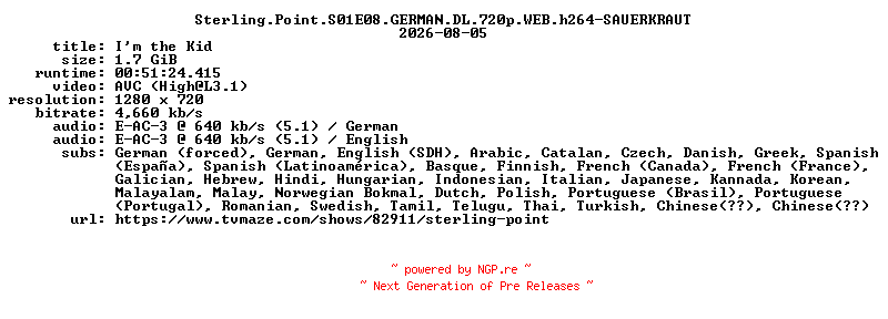 NFO for the release Sterling.Point.S01E08.GERMAN.DL.720p.WEB.h264-SAUERKRAUT by SAUERKRAUT