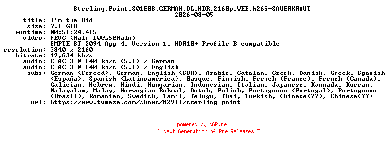 NFO for the release Sterling.Point.S01E08.GERMAN.DL.HDR.2160p.WEB.h265-SAUERKRAUT by SAUERKRAUT