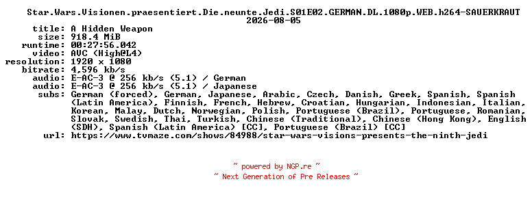 NFO for the release Star.Wars.Visionen.praesentiert.Die.neunte.Jedi.S01E02.GERMAN.DL.1080p.WEB.h264-SAUERKRAUT by SAUERKRAUT