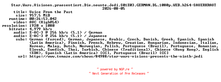 NFO for the release Star.Wars.Visionen.praesentiert.Die.neunte.Jedi.S01E03.GERMAN.DL.1080p.WEB.h264-SAUERKRAUT by SAUERKRAUT