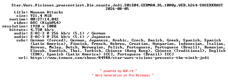 NFO for the release Star.Wars.Visionen.praesentiert.Die.neunte.Jedi.S01E04.GERMAN.DL.1080p.WEB.h264-SAUERKRAUT by SAUERKRAUT