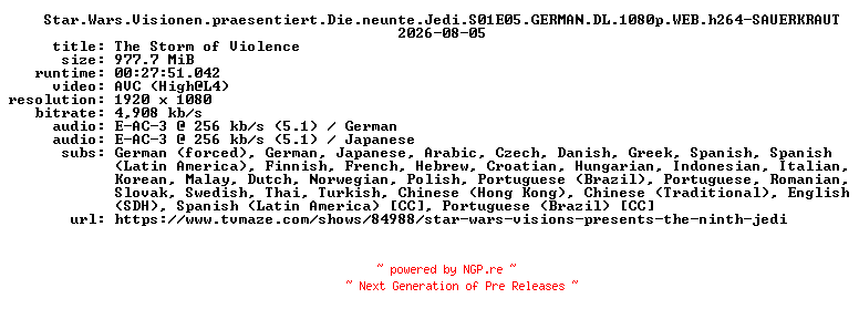 NFO for the release Star.Wars.Visionen.praesentiert.Die.neunte.Jedi.S01E05.GERMAN.DL.1080p.WEB.h264-SAUERKRAUT by SAUERKRAUT