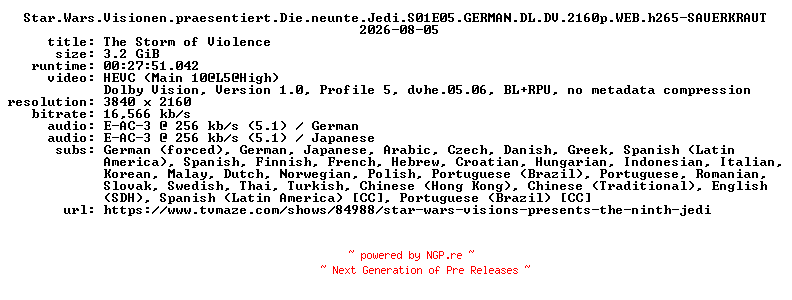 NFO for the release Star.Wars.Visionen.praesentiert.Die.neunte.Jedi.S01E05.GERMAN.DL.DV.2160p.WEB.h265-SAUERKRAUT by SAUERKRAUT