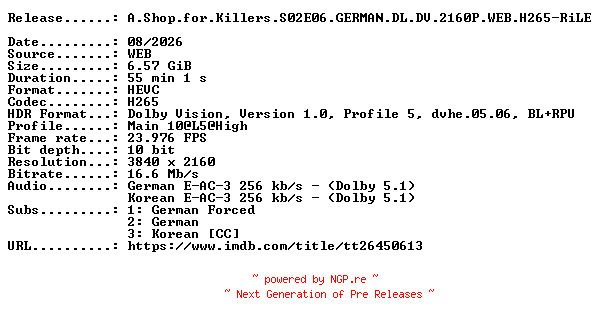 NFO for the release A.Shop.for.Killers.S02E06.GERMAN.DL.DV.2160P.WEB.H265-RiLE by RiLE