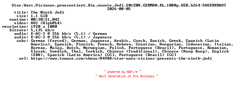 NFO for the release Star.Wars.Visionen.praesentiert.Die.neunte.Jedi.S01E08.GERMAN.DL.1080p.WEB.h264-SAUERKRAUT by SAUERKRAUT