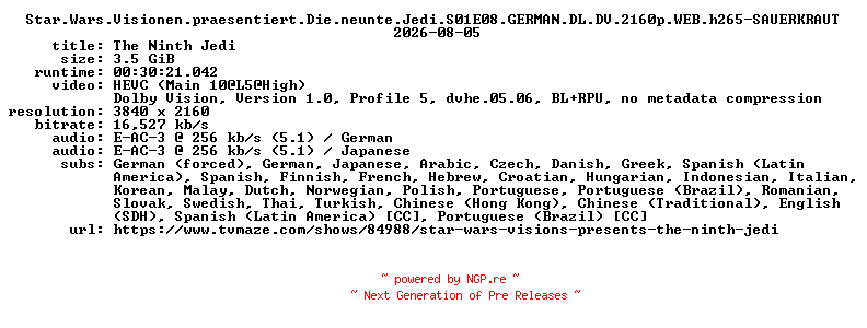 NFO for the release Star.Wars.Visionen.praesentiert.Die.neunte.Jedi.S01E08.GERMAN.DL.DV.2160p.WEB.h265-SAUERKRAUT by SAUERKRAUT