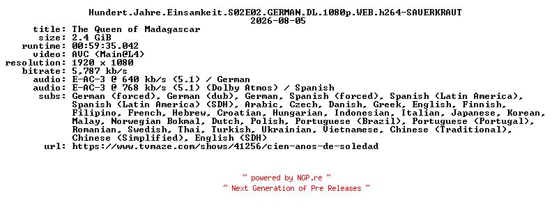 NFO for the release Hundert.Jahre.Einsamkeit.S02E02.GERMAN.DL.1080p.WEB.h264-SAUERKRAUT by SAUERKRAUT