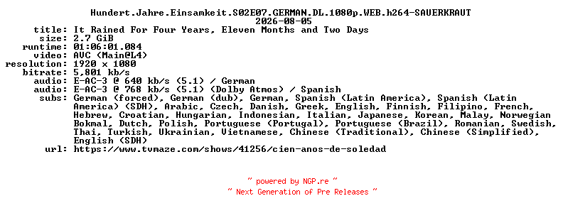 NFO for the release Hundert.Jahre.Einsamkeit.S02E07.GERMAN.DL.1080p.WEB.h264-SAUERKRAUT by SAUERKRAUT