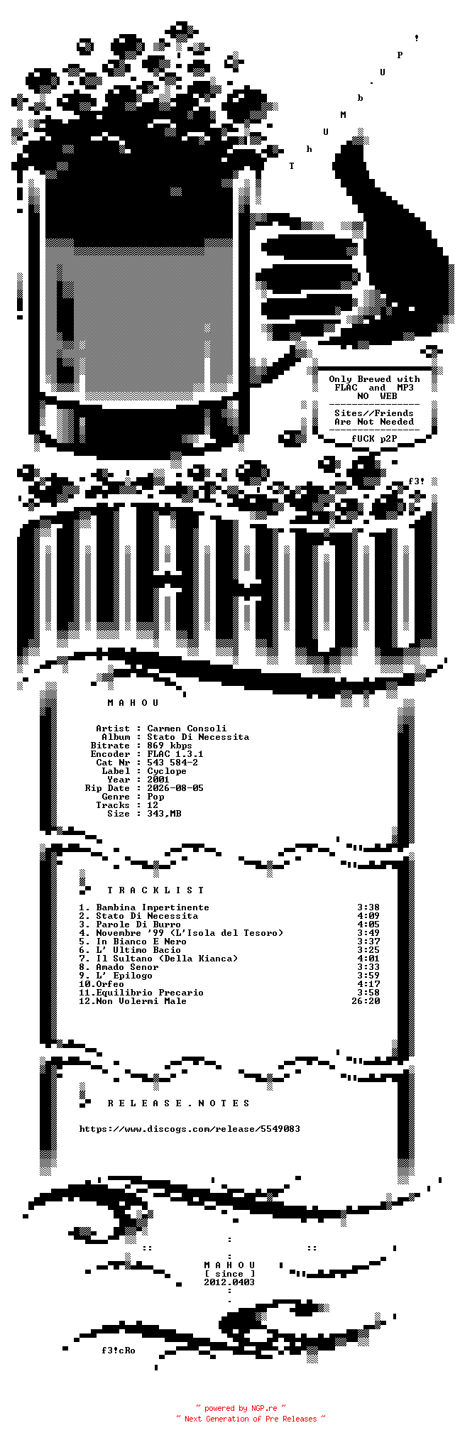 NFO for the release Carmen_Consoli-Stato_Di_Necessita-IT-CD-FLAC-2001-MAHOU by MAHOU